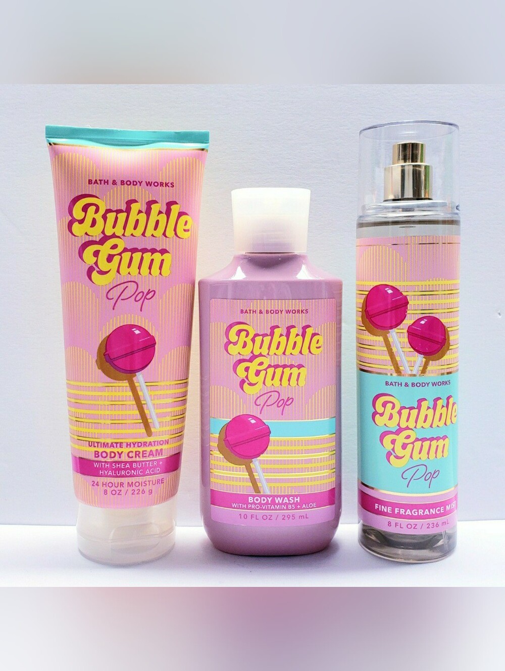 Bath & Body Works BUBBLE GUM POP Fragrance Mist, Body Cream, Body Wash -3 pcs